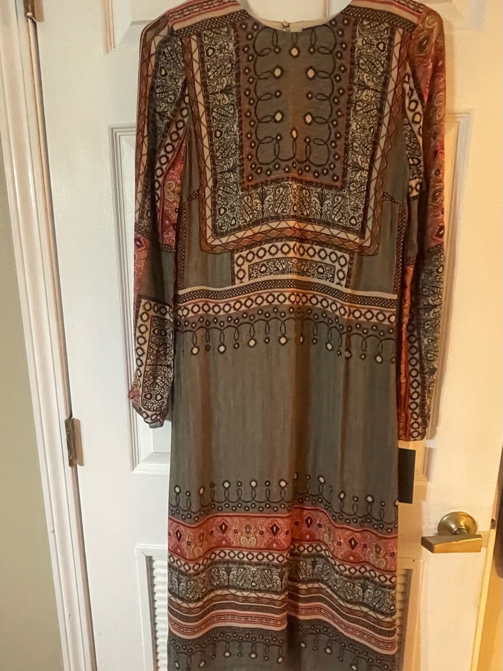 Zara Olive Green and Rust Paisley-Print Long Sleeve Maxi Dress